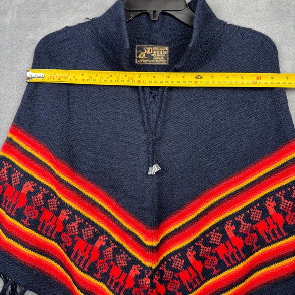 Dannita 100% Alpaca Poncho Navy Red Yellow Geometric Fringe Made Peru Women‎ - Picture 4 of 5